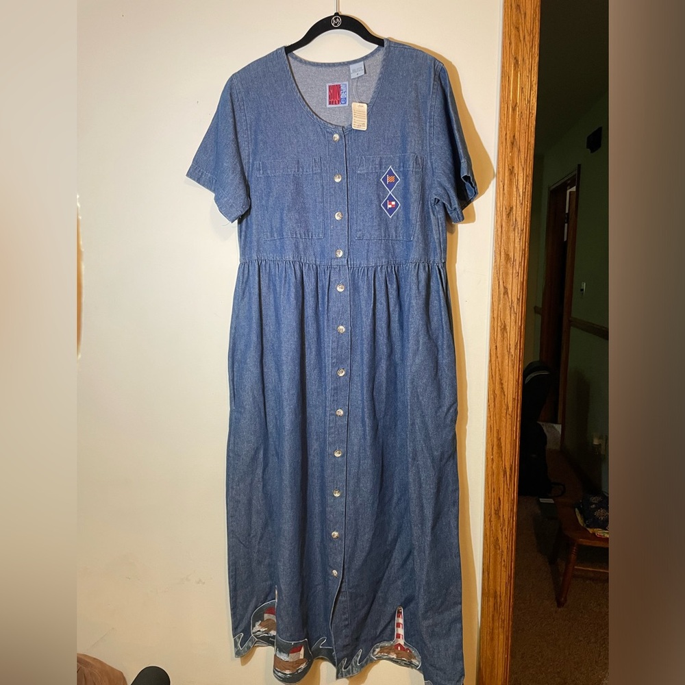 Sun Belt‎ Denim Women’s Long Jean Dress Small Cotton Brier Island Lighthouse NWT